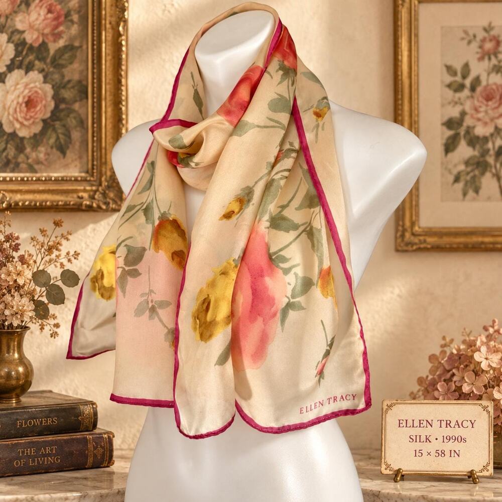 Vintage Ellen Tracy Silk Scarf 1990s Pink Yellow Rose Floral Oblong 15x58